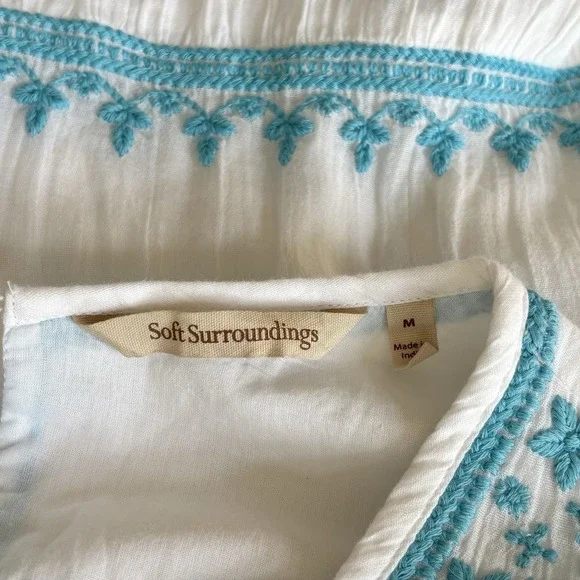 Soft Surroundings Gauzey Juniper Dress Blue White Embroidered Sz Medium Cotton - Picture 15 of 16